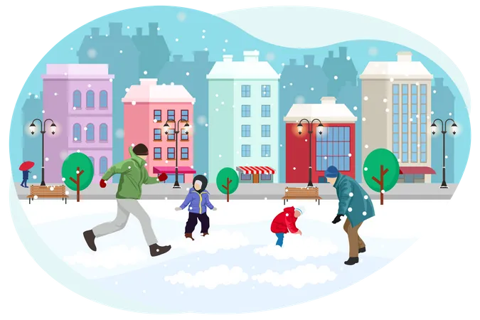 People playing in snowfall Illustration
