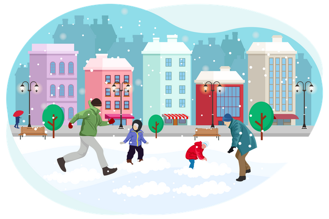 People playing in snowfall  Illustration