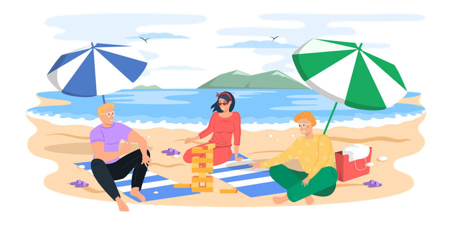 People playing Jenga at beach Illustration