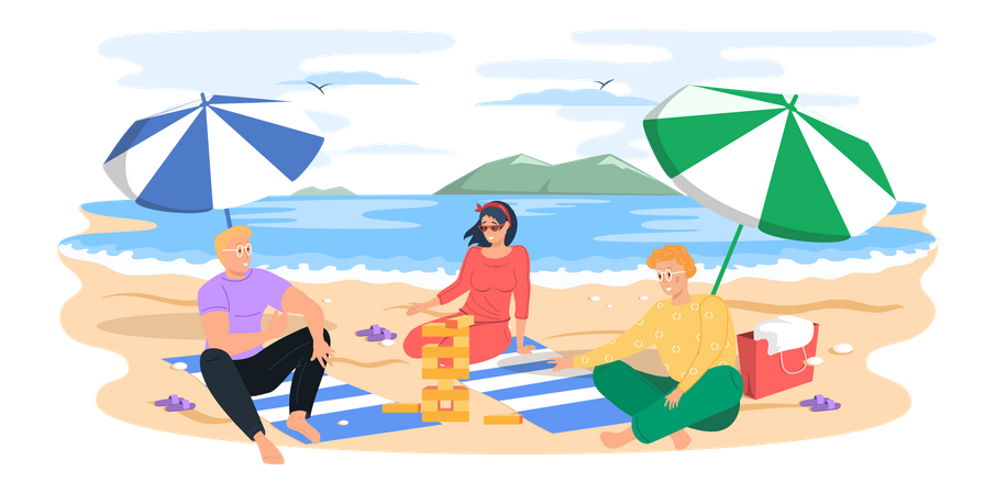 People playing Jenga at beach  Illustration