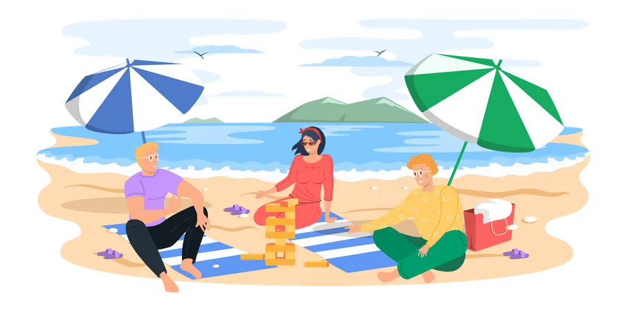 People playing Jenga at beach  Illustration