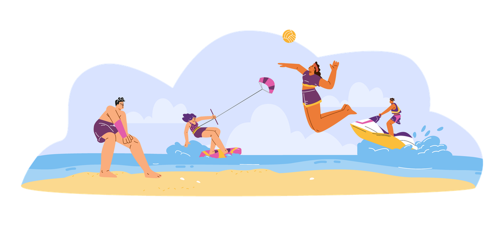 People playing outdoor sports on beach  Illustration