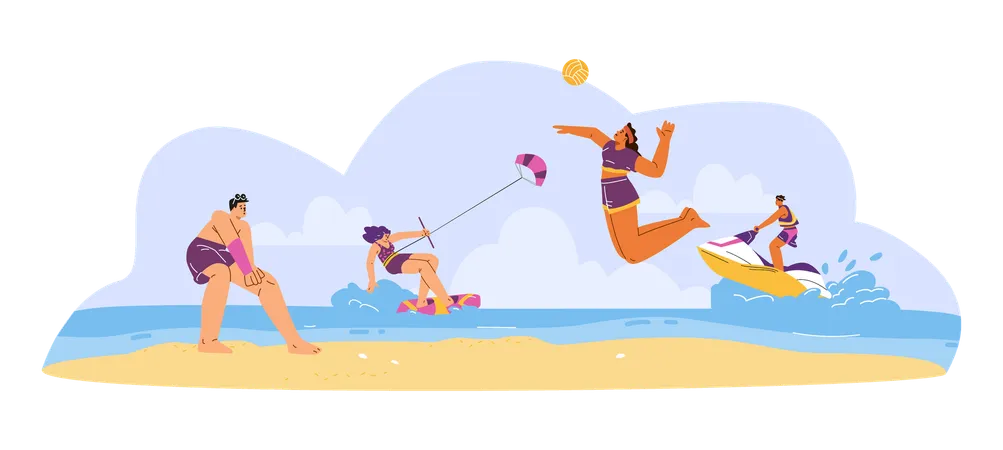 People playing outdoor sports on beach  Illustration