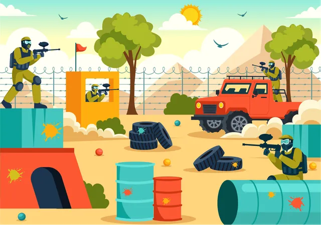 People Playing Paintball  Illustration