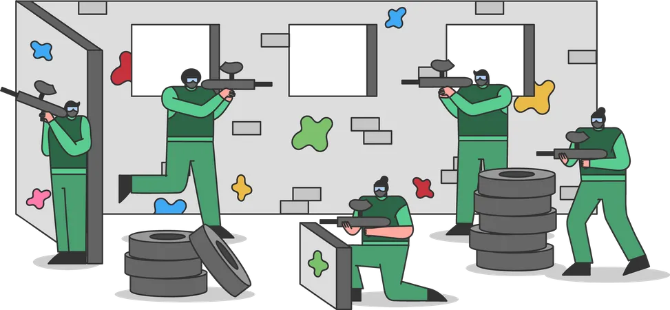 People playing paintball game Illustration