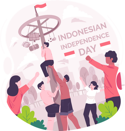 People playing Panjat pinang or pole climbing game competition on Indonesia Independence Day  Illustration