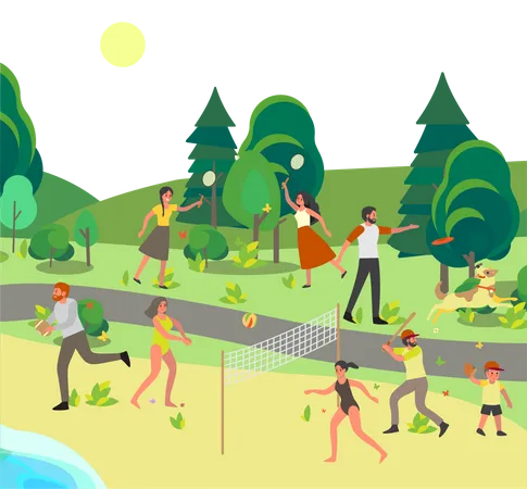 People playing sport game in garden Illustration