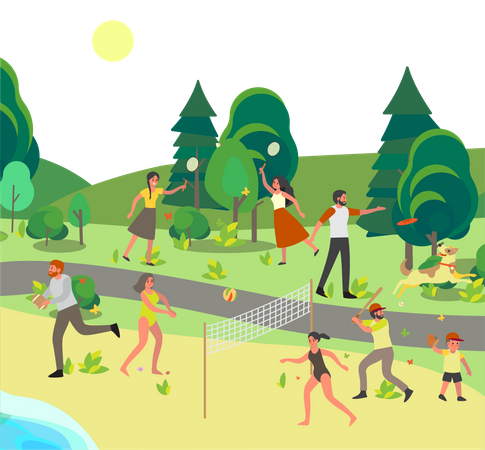 People playing sport game in garden  Illustration