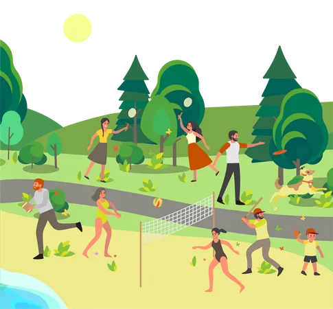 People playing sport game in garden  Illustration