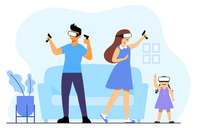 People Playing Video Game Using Vr Glasses Illustration