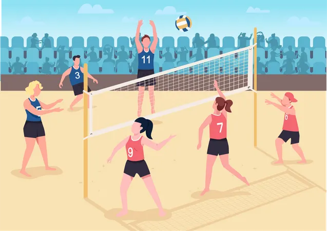 People playing volleyball on beach Illustration