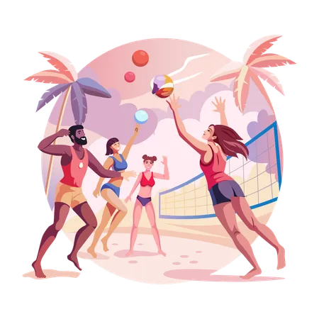 People playing volleyball on beach  Illustration