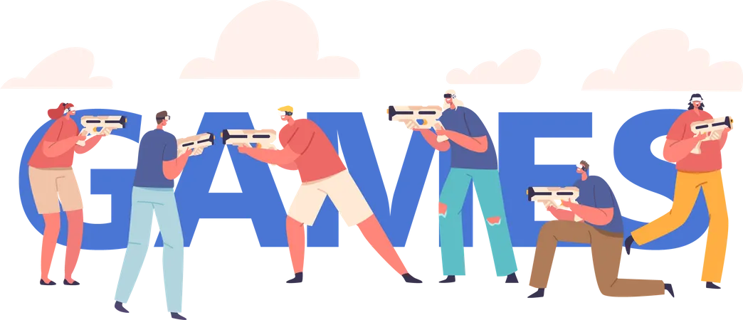 Games Concept Characters Immersed In Vr Gaming World Where They Wield Virtual Guns To Battle Foes Offering Thrilling Interactive Experiences In Digital Realm Cartoon Vector Banner Poster Or Flyer Illustration
