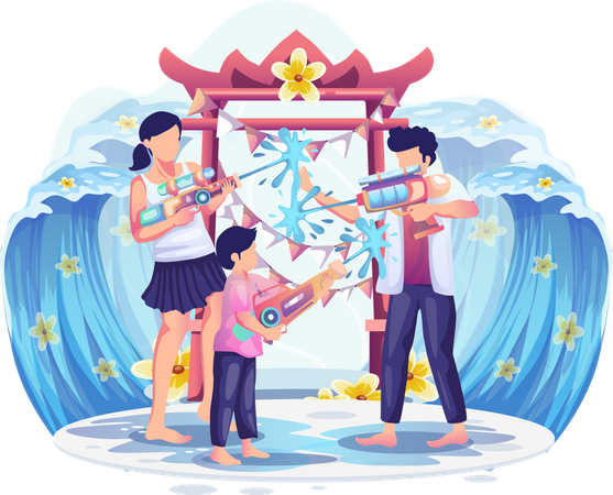 People playing water gun in Songkran festival  Illustration