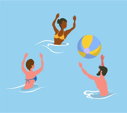 Man Tossing Big Colorful Ball Women Catching Rubber Round Water Activity Portrait And Back View Of Friends Wearing Swimsuit Splashing In Sea Vector Illustration