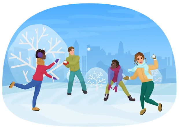 People playing with snowballs  Illustration