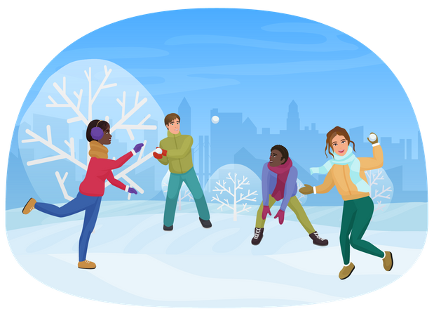 People playing with snowballs  Illustration