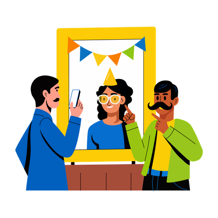 People posing at a birthday photo booth  Illustration