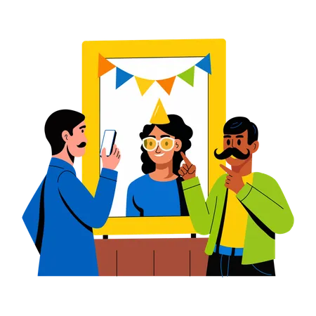 People posing at a birthday photo booth  Illustration