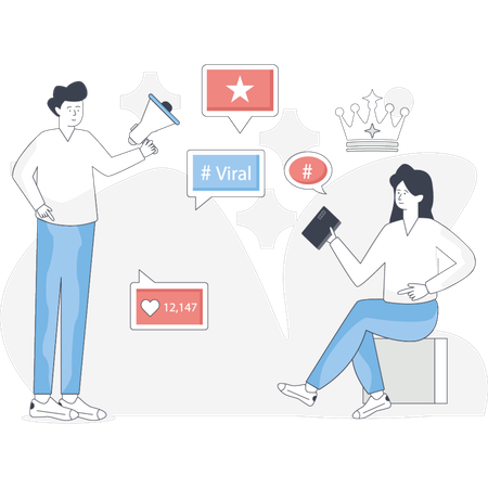 ソーシャルメディアで話題の投稿をする人々  イラスト