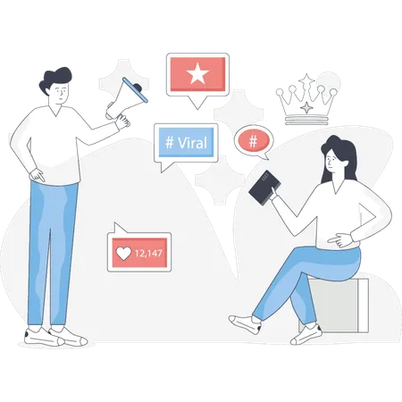 ソーシャルメディアで話題の投稿をする人々  イラスト