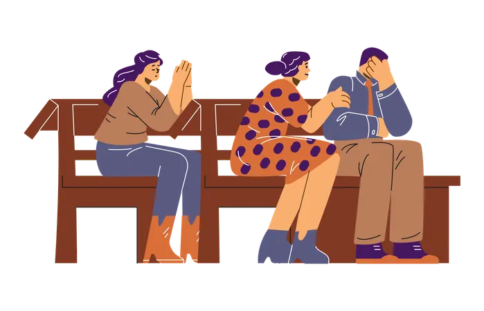 People pray sitting on benches of church  Illustration