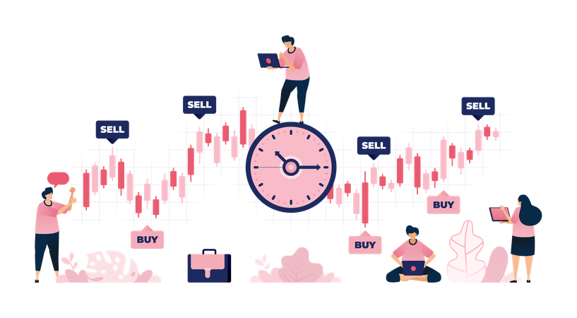 People predicting best time to buy of sell in stock market with time management  Illustration