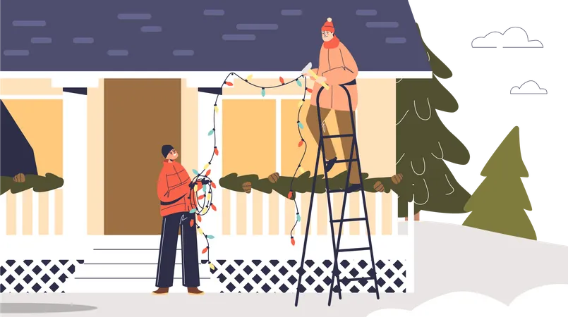 People Prepare For Christmas Decorating House Roof With Garland Light Men Hanging Holiday Lights For New Year And Xmas Celebration Outdoors Cartoon Flat Vector Illustration Illustration