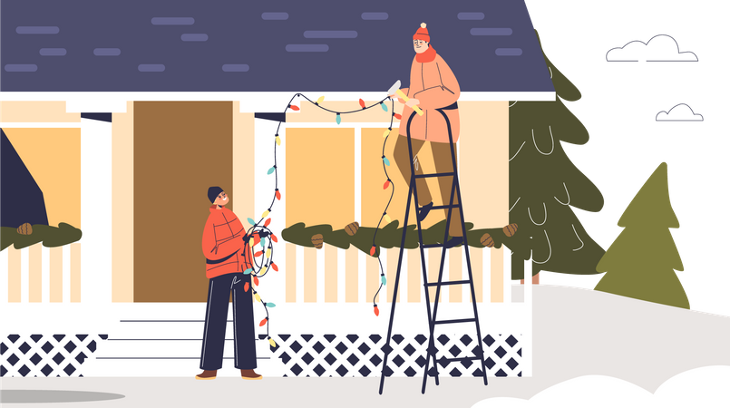 People prepare for Christmas decorating house roof with garland light  Illustration