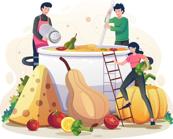 People preparing and cooking dishes for the Thanksgiving holiday Illustration