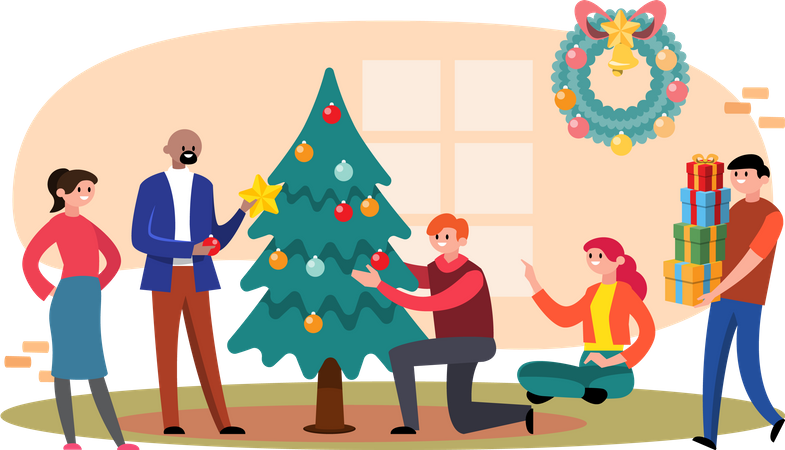 People preparing Christmas party  Illustration