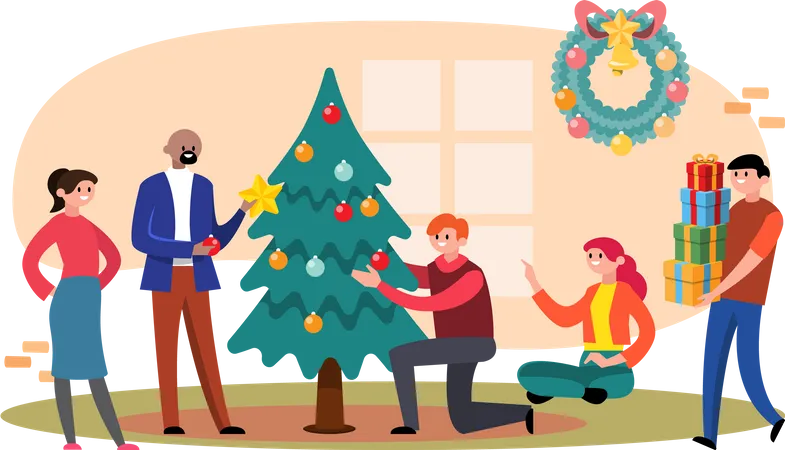 People preparing Christmas party  Illustration