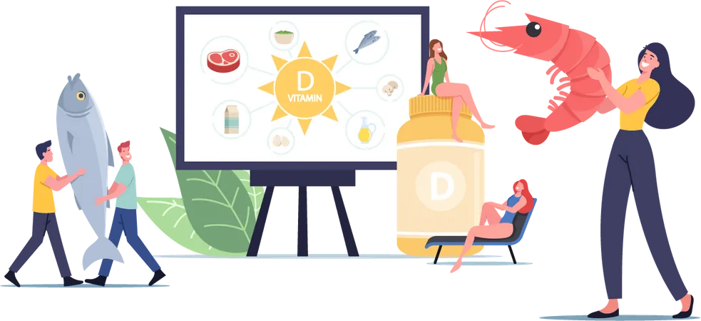 Tiny Male And Female Characters Presenting Sources Of Vitamin D Seafood Organic Natural Products And Sunbathing Nutritional Addictive Supplements For Health Cartoon People Vector Illustration Illustration