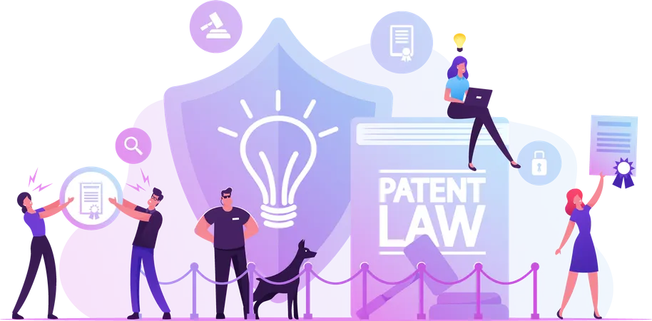 Patent Law Concept People Protecting Their Rights For Authorship And Creation Of Different Mental Products Safeguard With Dog Stand Near Huge Shield With Lamp Icon Cartoon Flat Vector Illustration 일러스트레이션