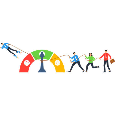 People Pulling a Rocket-Powered Figure Towards a Performance Meter  Illustration