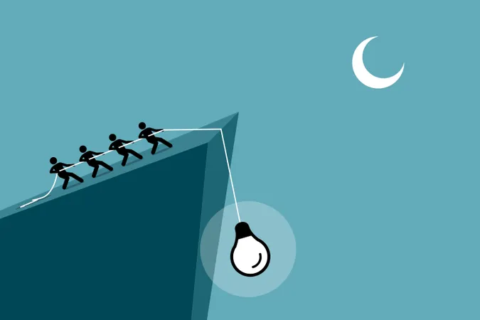 People pulling an idea up from falling down the cliff by using rope Illustration