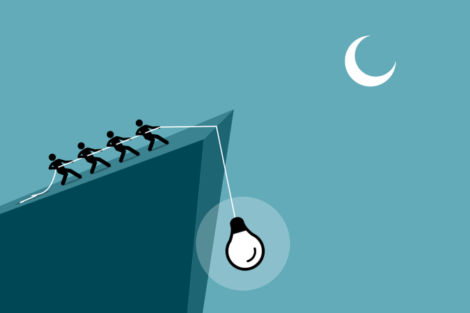 People pulling an idea up from falling down the cliff by using rope  Illustration