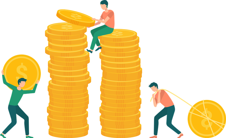 People pulling gold dollar coin to pile money  Illustration