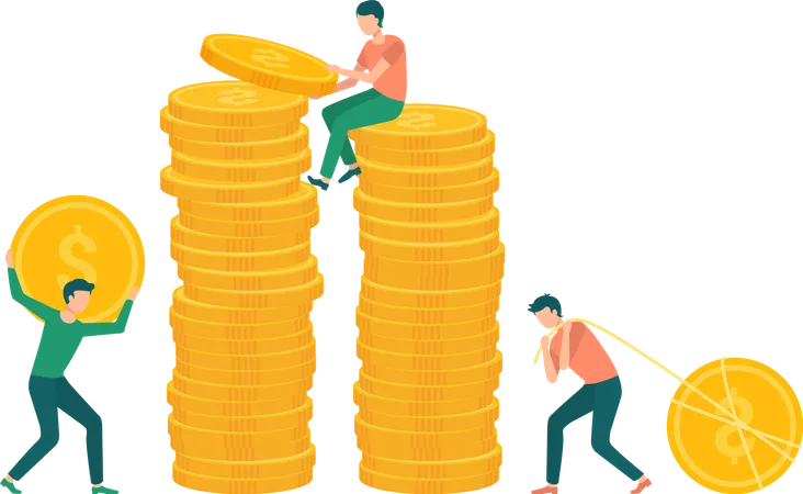 People pulling gold dollar coin to pile money  イラスト