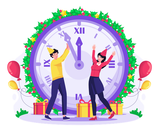 People Pushing Minutes Of Giant Clock To Head Into New Year Illustration