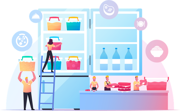 People Put Semi finished Products in Refrigerator  Illustration