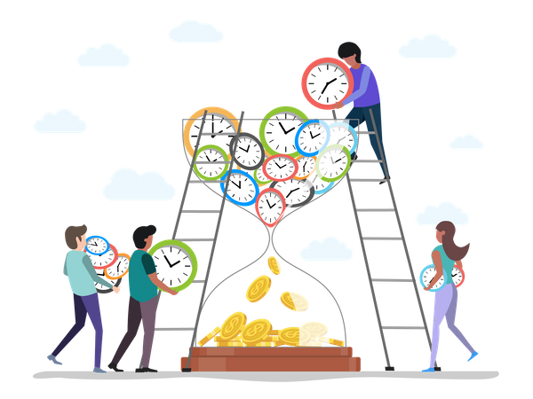 People putting clock into hourglass  Illustration