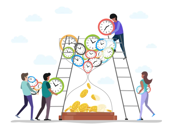 People putting clock into hourglass  Illustration