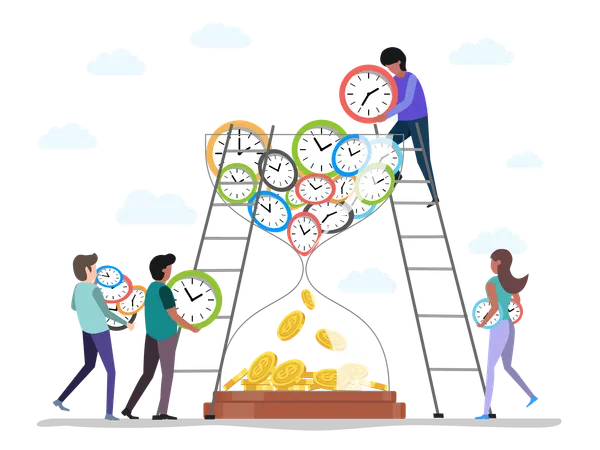 People putting clock into hourglass  Illustration