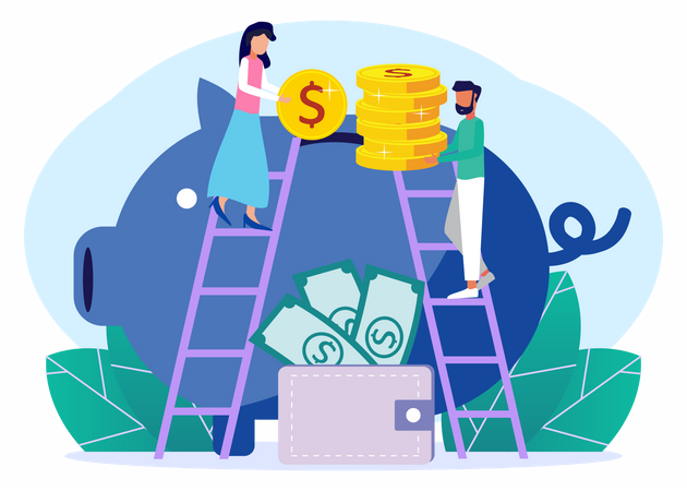 People putting coin in piggy bank Illustration