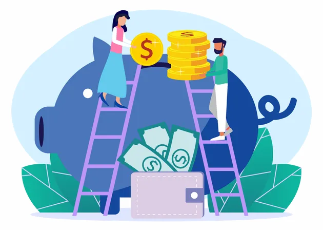 People putting coin in piggy bank  Illustration