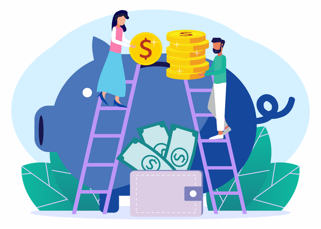 People putting coin in piggy bank  Illustration