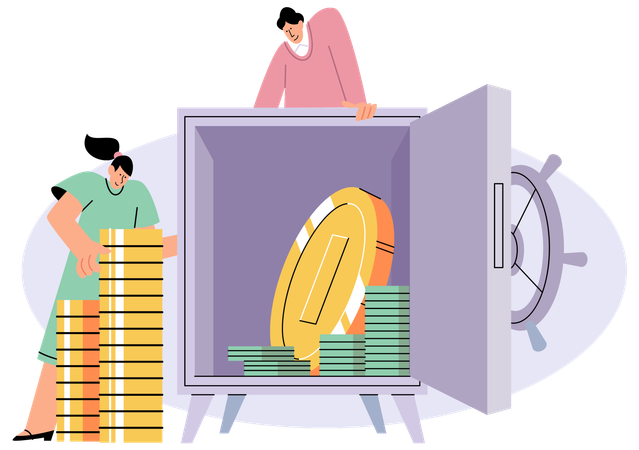 People putting coin into strongbox  Illustration
