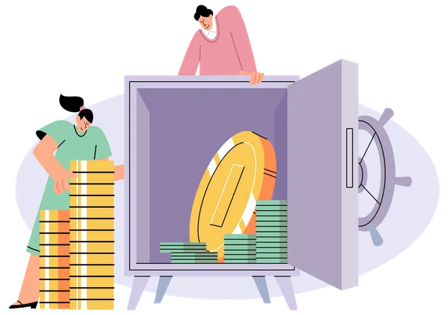 People putting coin into strongbox  Illustration