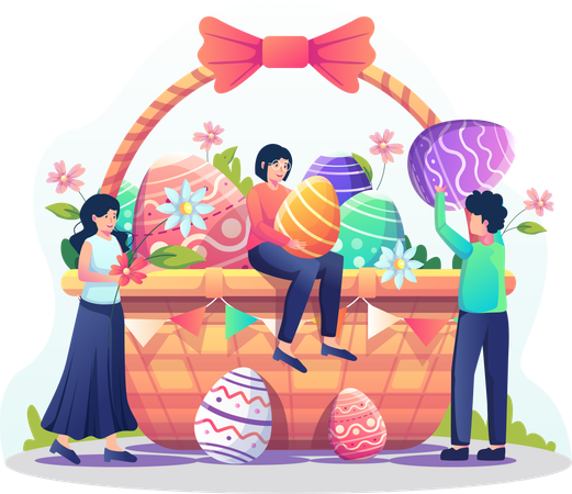 People putting eggs and flowers into the giant basket for the Easter day celebration  Illustration